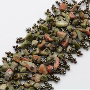 Unique Beaded Cuff Bracelet Pink Green Stone Unakite Dual Bead Closure